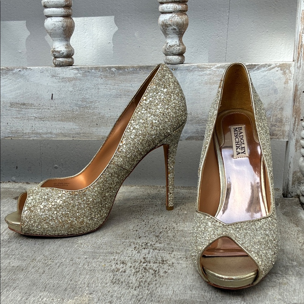 Badgley Mischka Glitter Gold Peep-Toe Heels Wedding Cocktail - Picture 6 of 6